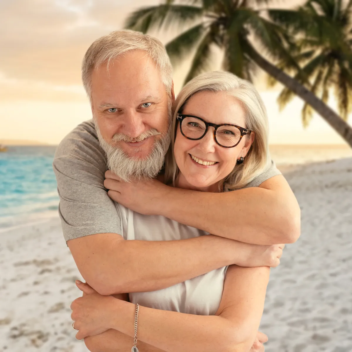 A retired couple hugging and smiling on a white-sand beach with palms