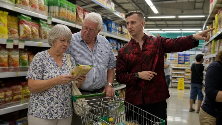 A couple being shown around a supermarket with a full trolley