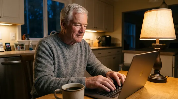 A retired man at his kitchen table at home in the evening, typing a message on his laptop